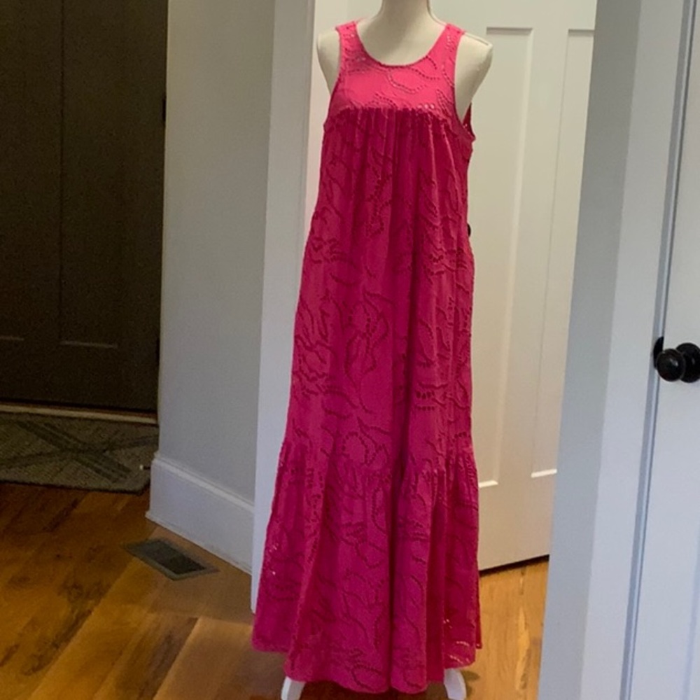Medium Fuschia Maeve Tiered eyelet Maxi Dress from Anthropologie
